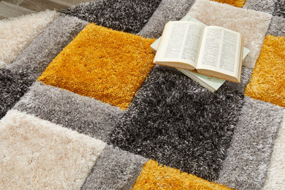 Origins 3D GEO Soft Silky Shaggy Modern Diamond Rug in Ochre Yellow Grey