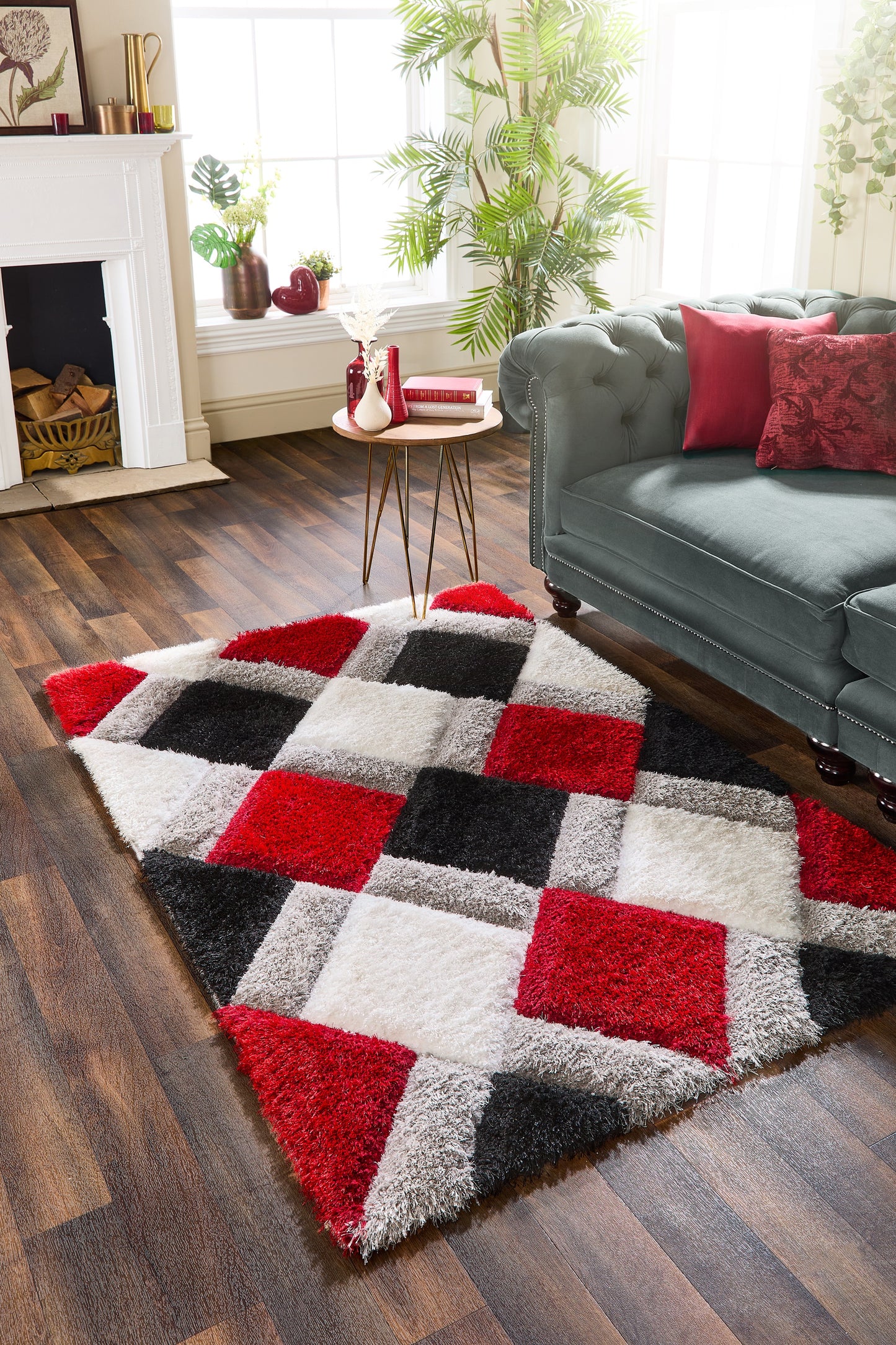 Origins 3D GEO Soft Silky Shaggy Modern Diamond Rug in Red