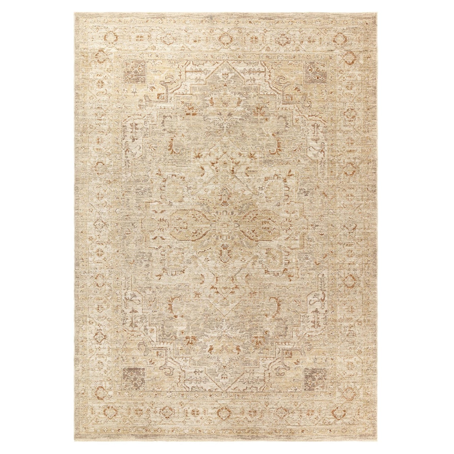 Heriz HE01 Serapi Beige Traditional Medallion Vintage Rug – Modern Textured Polyester Carpet for Living Room, Bedroom, and Hallway