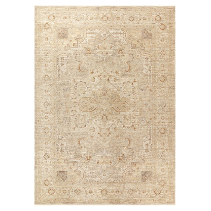 Heriz HE01 Serapi Beige Traditional Medallion Vintage Rug – Modern Textured Polyester Carpet for Living Room, Bedroom, and Hallway