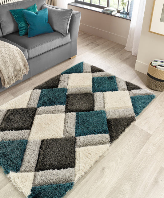 Origins 3D GEO Soft Silky Shaggy Modern Diamond Rug in Teal Blue