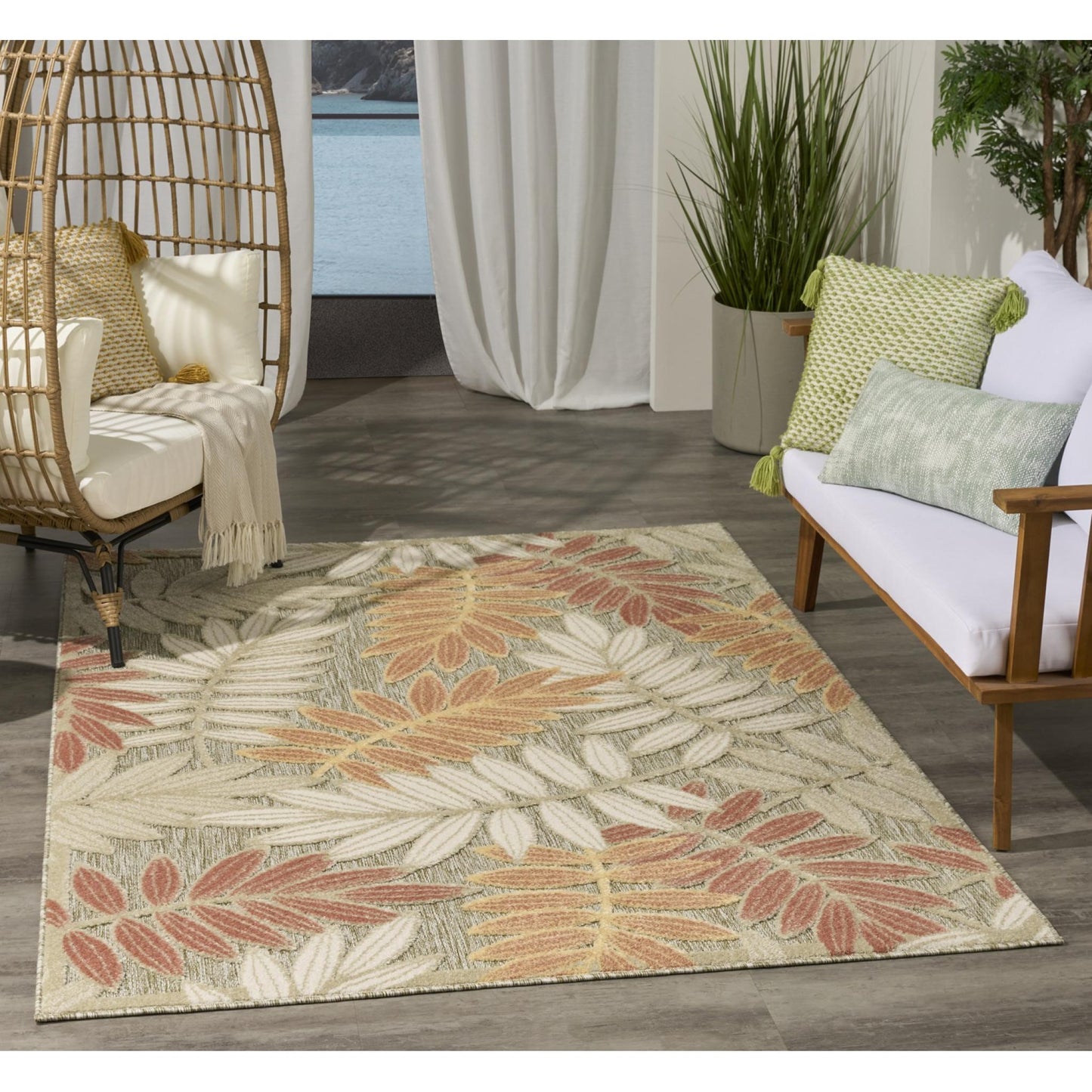 Aloha ALH18 Tropical Botanical Sage Green Rose Indoor & Outdoor Area Rug