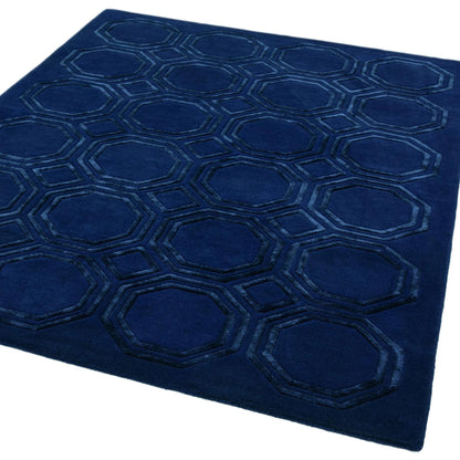 Nexus Octagon Navy Blue Wool Viscose Hand Carved Geometric Rug – Luxurious Soft