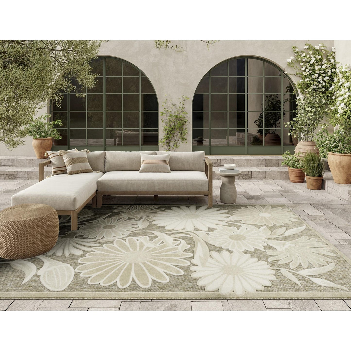 Aloha ALH33 Contemporary Daisy Ivory Sage Green Indoor & Outdoor Area Rug