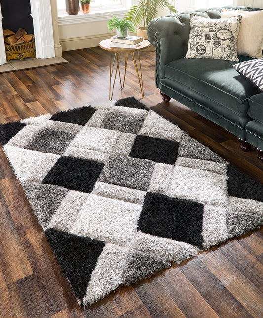 Origins 3D GEO Soft Silky Shaggy Modern Diamond Rug in Grey Black
