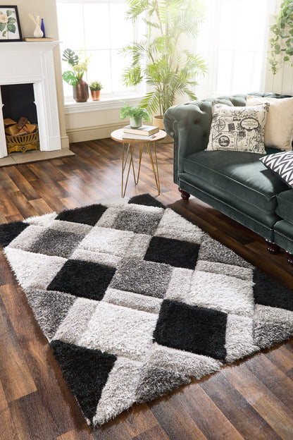 Origins 3D GEO Soft Silky Shaggy Modern Diamond Rug in Grey Black