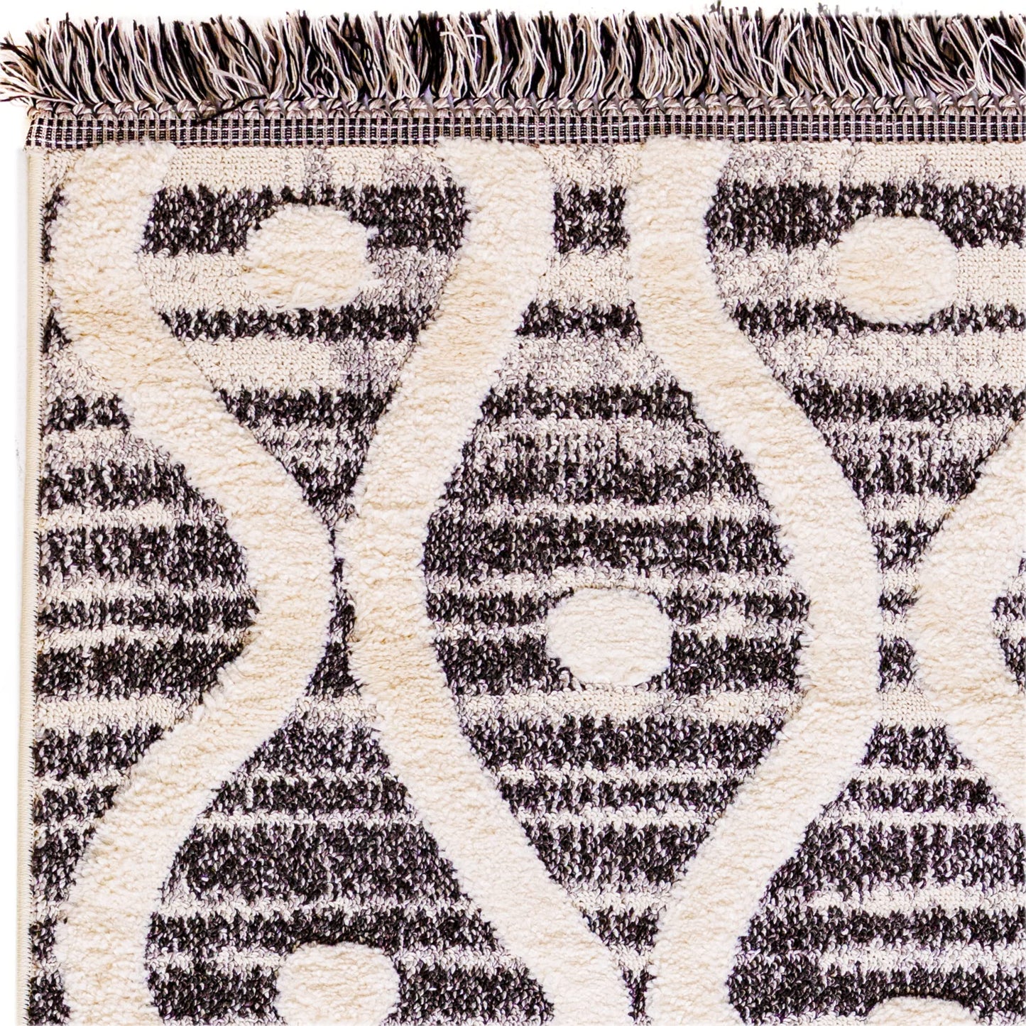 Skandi Boho Teppich für Wohnzimmer, Esszimmer, Schlafzimmer, traditioneller Bohemian-Teppich mit Fransen, Creme/Anthrazit