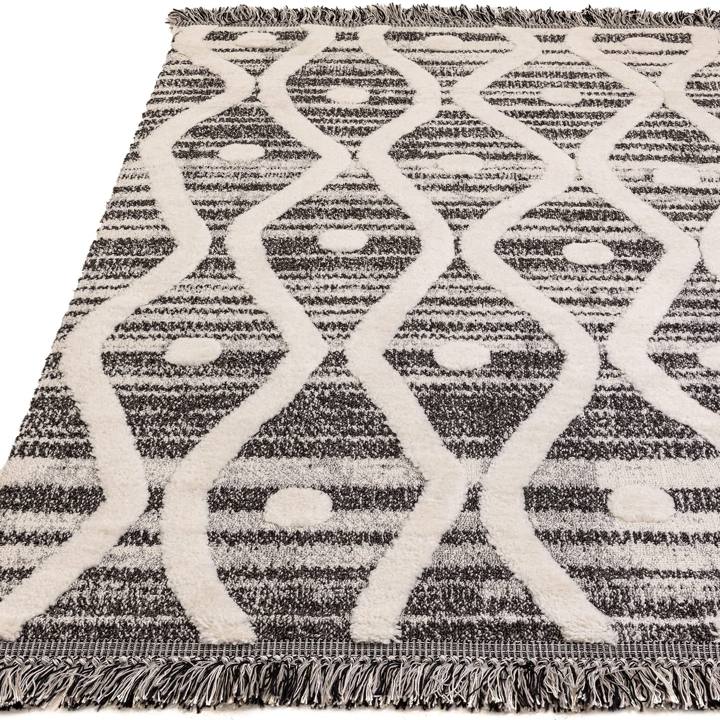 Skandi Boho Teppich für Wohnzimmer, Esszimmer, Schlafzimmer, traditioneller Bohemian-Teppich mit Fransen, Creme/Anthrazit