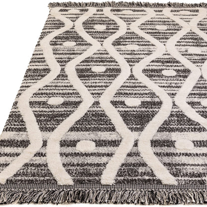 Skandi Boho Teppich für Wohnzimmer, Esszimmer, Schlafzimmer, traditioneller Bohemian-Teppich mit Fransen, Creme/Anthrazit