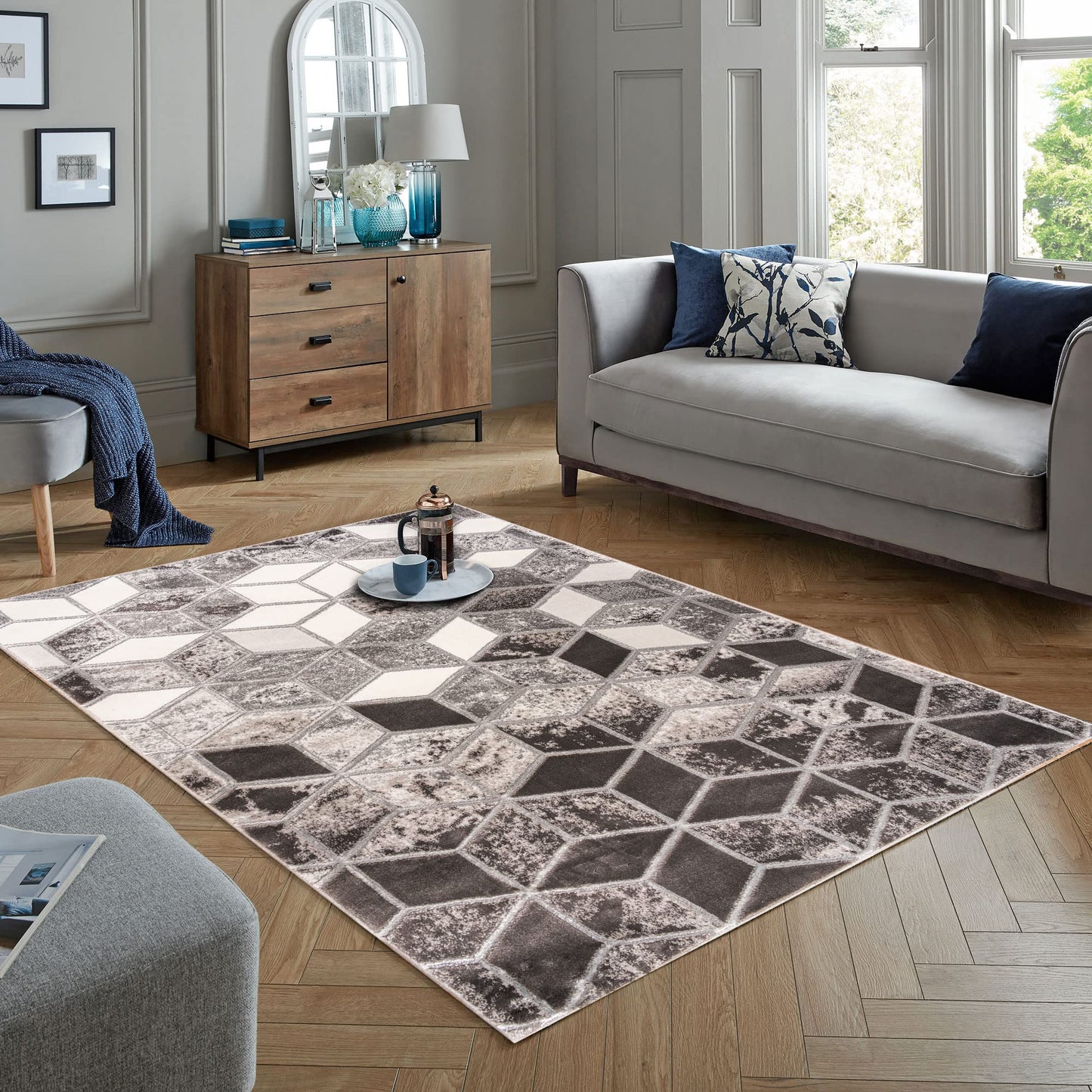 Marbled Geometric Rug Modern 3D Cubic Patterned Carpet for Living Room Bedroom Bianco 207IA Soft Quality Rug