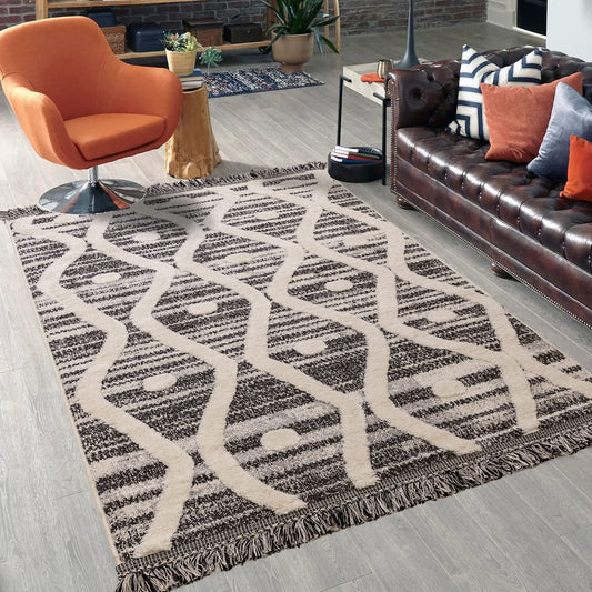 Skandi Boho Teppich für Wohnzimmer, Esszimmer, Schlafzimmer, traditioneller Bohemian-Teppich mit Fransen, Creme/Anthrazit