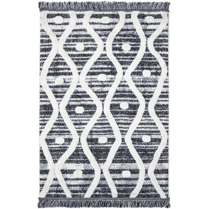 Skandi Boho Teppich für Wohnzimmer, Esszimmer, Schlafzimmer, traditioneller Bohemian-Teppich mit Fransen, Creme/Anthrazit